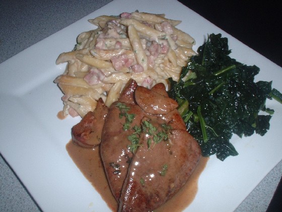 Calves liver, pasta and kale