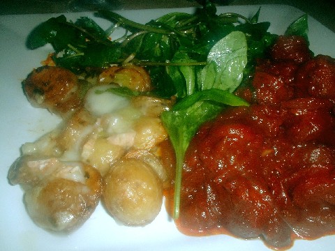 Chorizo in red wine with baby potatoes and salad