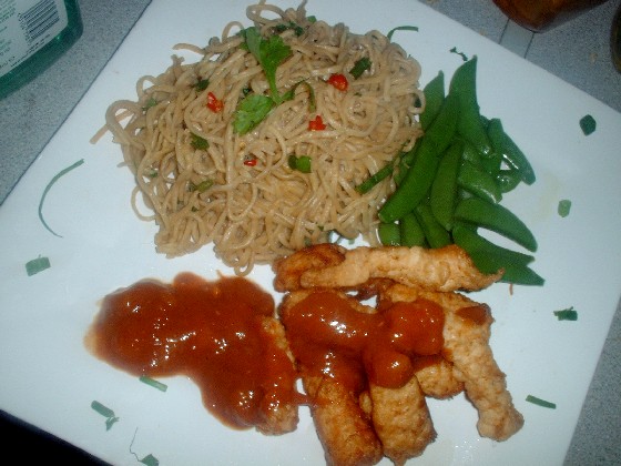 Crocodile, noodles, sugar snap peas