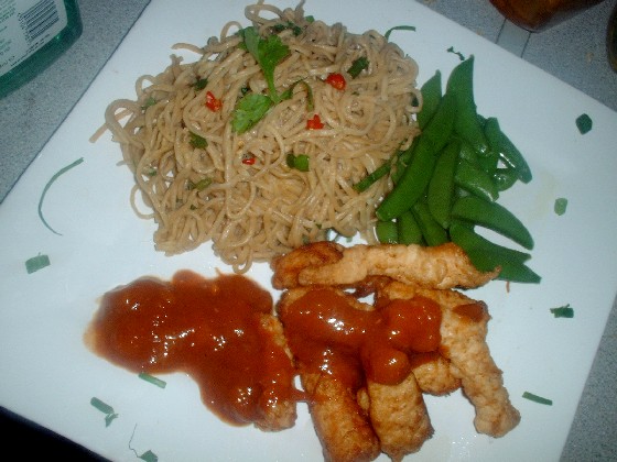 Crocodile, noodles, sugar snap peas