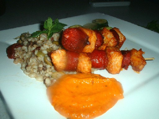 croc and chorizo skewers with red pepper sauce