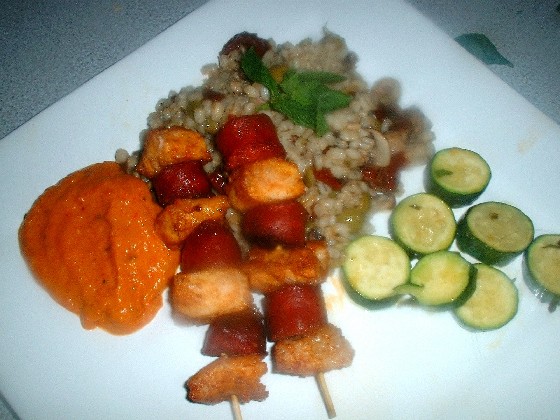 croc and chorizo skewer, courgettes, barley