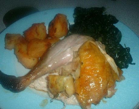 guinea fowl, roasies, kale