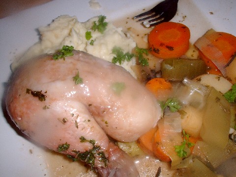 Pot roasted chicken with veg and mash