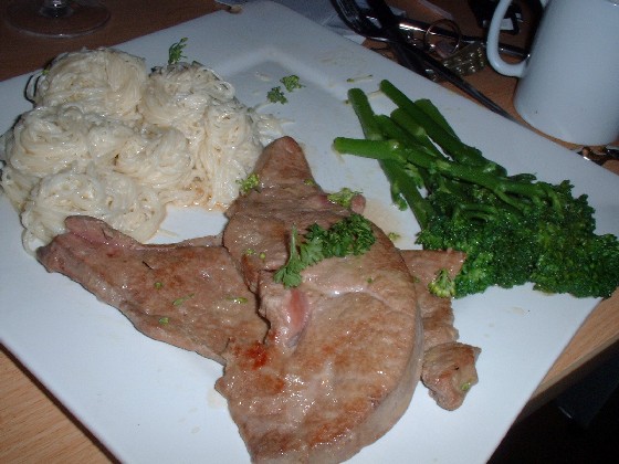 calves liver with pasta and tender stem broccoli