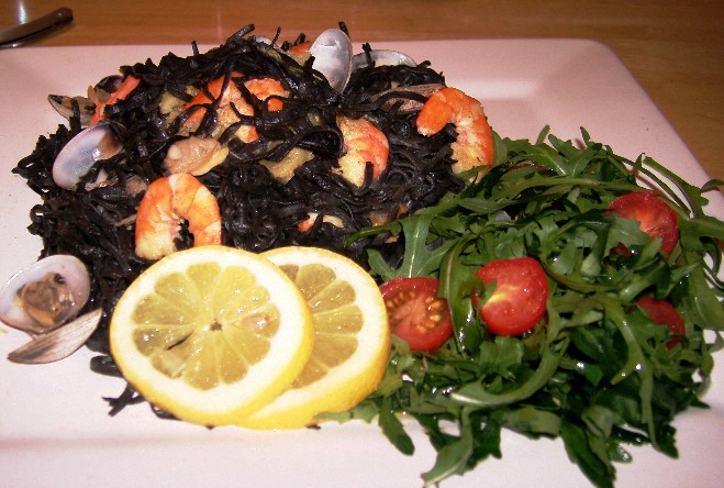 Shellfish on Squid ink pasta