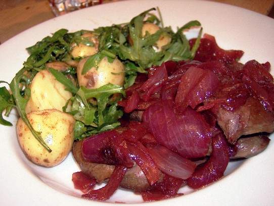 Pigeon with caramelised onion and plum wine