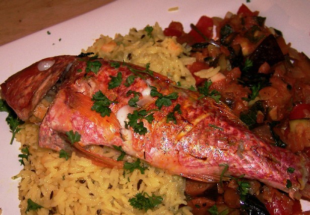 red mullet with ratatouille and rice