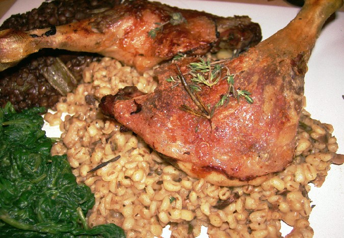 duck, pearl barley and spinach with a vegetable and lentil sauce.