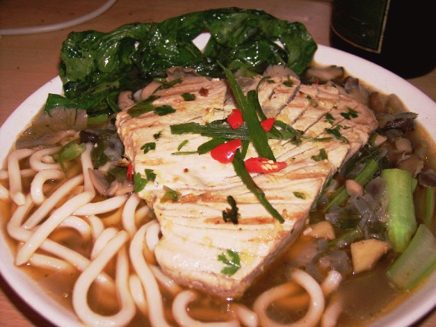 tuna, udon noodle soup