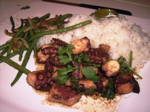 Spiced Octopus with lime and coconut rice and curried beans