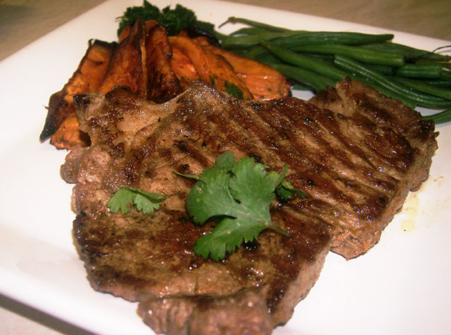 spice marinated steak, sweet potato wedges, coriander pesto