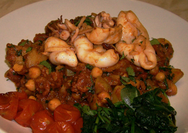 squid with chickpea chorizo tomato stew