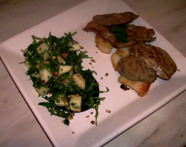 duck liver, apple and black pudding salad