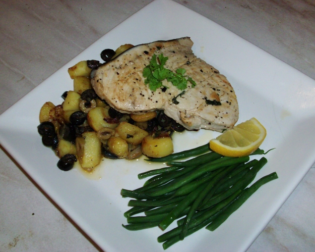 Marinated swordfish and potato salad